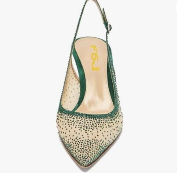 FSJ Women Pointed Toe Slingback Wedding Pumps Kitten Low Heel Rhinestone Sandals - Picture 1 of 8